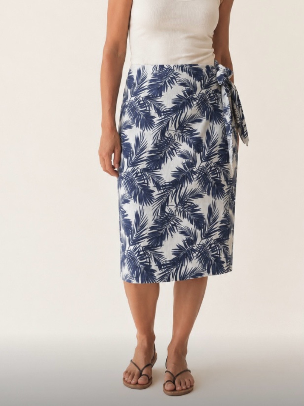White and Blue Linen Blend Palm-Print Wrap Skirt